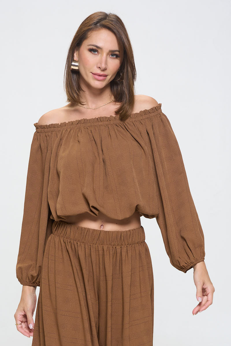 Textured Off the Shoulder Top with Balloon Sleeve
