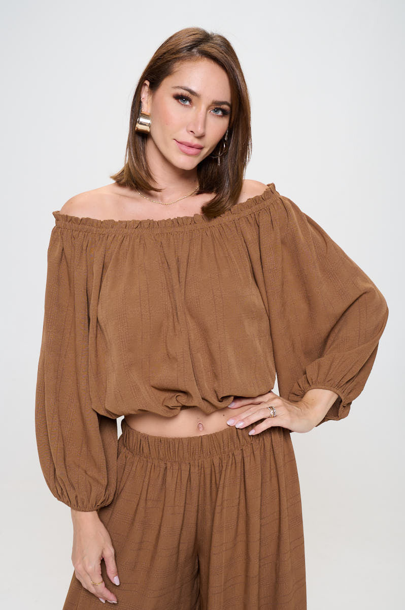 Textured Off the Shoulder Top with Balloon Sleeve